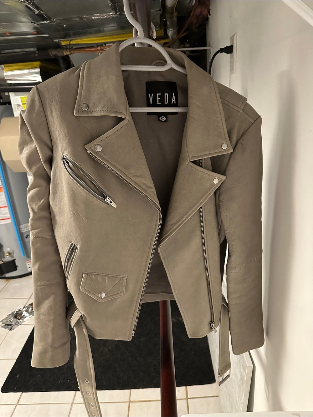 Veda Taupe Gray Leather Moto Jacket